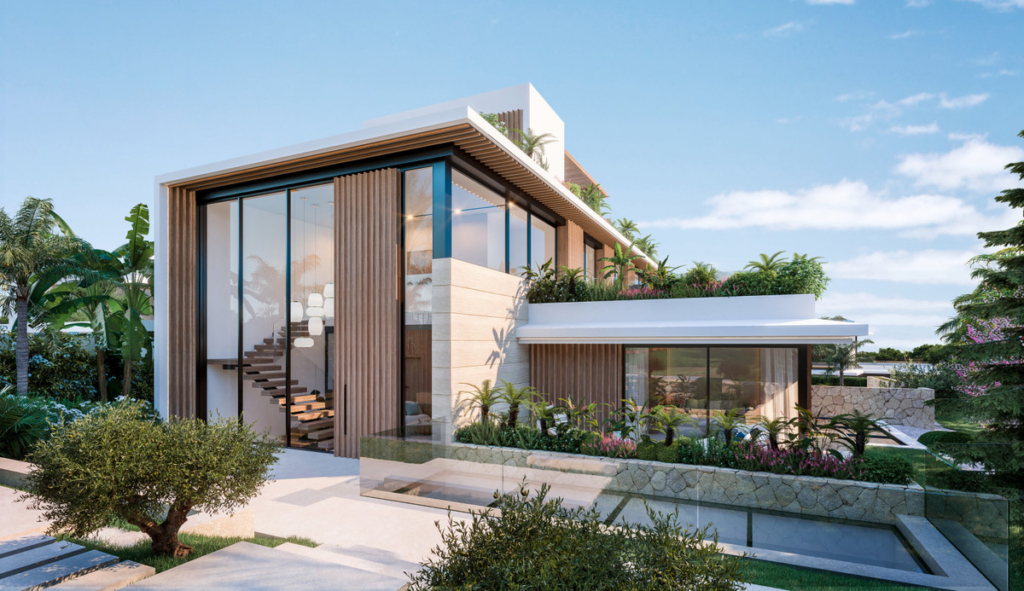 Modern luxury villa in Marbella with floor-to-ceiling windows, lush landscaping, and contemporary design elements.